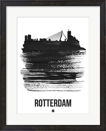 Framed Rotterdam Skyline Brush Stroke Black Print