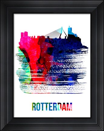 Framed Rotterdam Skyline Brush Stroke Watercolor Print