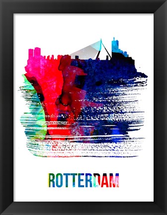 Framed Rotterdam Skyline Brush Stroke Watercolor Print