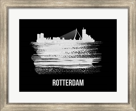 Framed Rotterdam Skyline Brush Stroke White Print