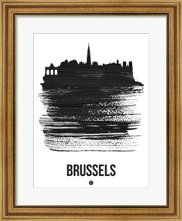 Framed Brussels Skyline Brush Stroke Black Print