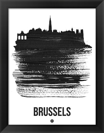 Framed Brussels Skyline Brush Stroke Black Print