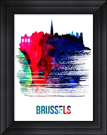 Framed Brussels Skyline Brush Stroke Watercolor Print
