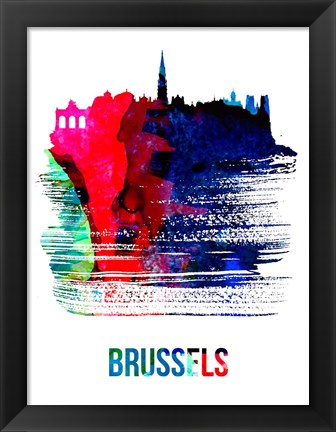 Framed Brussels Skyline Brush Stroke Watercolor Print