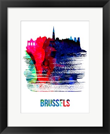 Framed Brussels Skyline Brush Stroke Watercolor Print