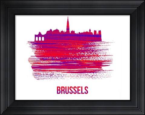Framed Brussels Skyline Brush Stroke Red Print