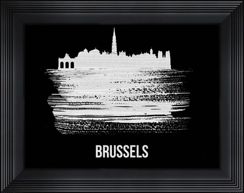 Framed Brussels Skyline Brush Stroke White Print