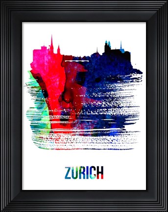 Framed Zurich Skyline Brush Stroke Watercolor Print