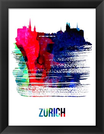 Framed Zurich Skyline Brush Stroke Watercolor Print