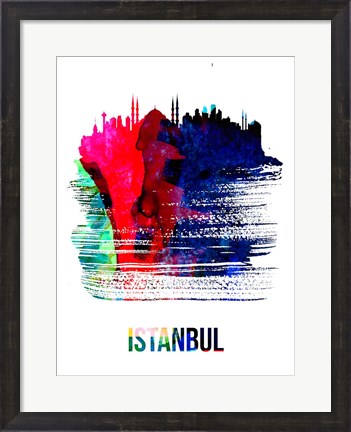 Framed Istanbul Skyline Brush Stroke Watercolor Print