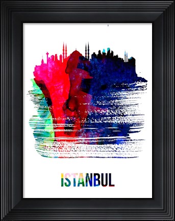 Framed Istanbul Skyline Brush Stroke Watercolor Print