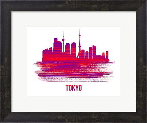 Framed Tokyo Skyline Brush Stroke Red Print
