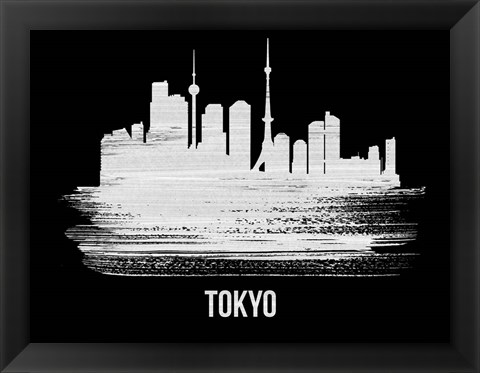 Framed Tokyo Skyline Brush Stroke White Print