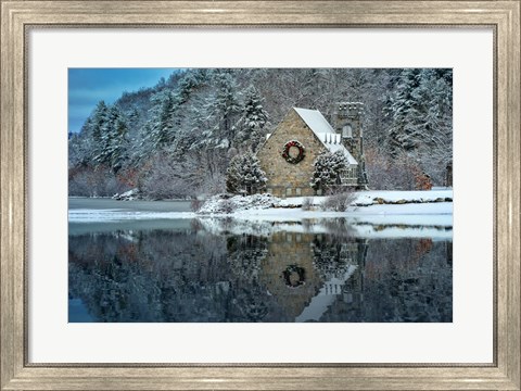 Framed Newfallen Snow at the Old Stone Church Print