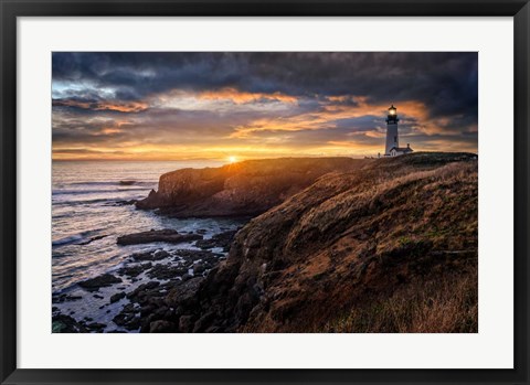 Framed Sunset at Yaquina Head Lighthouse Print