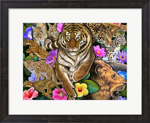 Framed Wild Cats &amp; Flowers Print
