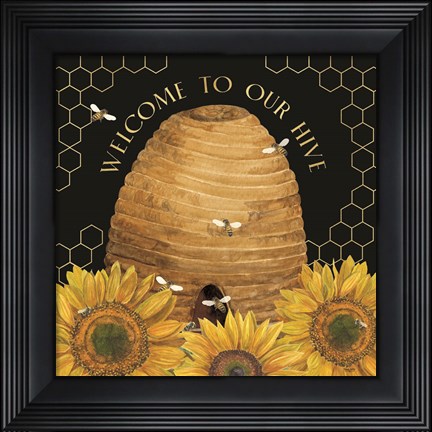 Framed Honey Bees &amp; Flowers Please on black III-Welcome Print