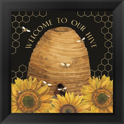 Framed Honey Bees &amp; Flowers Please on black III-Welcome Print