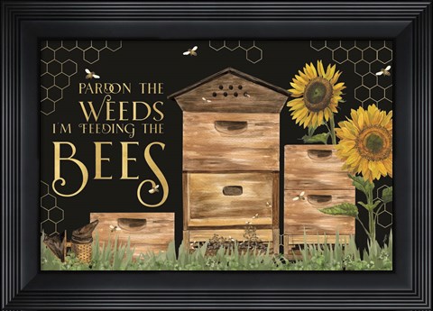 Framed Honey Bees &amp; Flowers Please landscape on black I-Pardon the Weeds Print