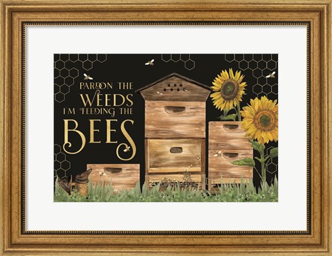 Framed Honey Bees &amp; Flowers Please landscape on black I-Pardon the Weeds Print