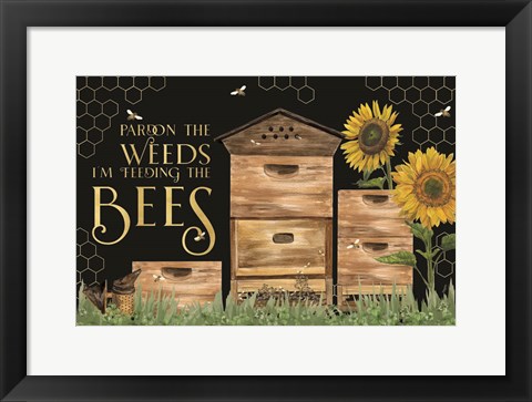 Framed Honey Bees &amp; Flowers Please landscape on black I-Pardon the Weeds Print