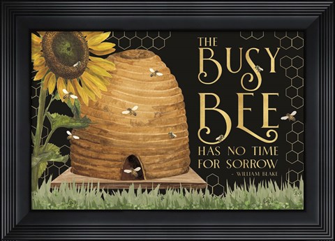 Framed Honey Bees &amp; Flowers Please landscape on black II-Busy Bee Print