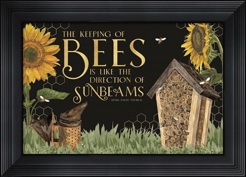Framed Honey Bees &amp; Flowers Please landscape on black IV-Sunbeams Print