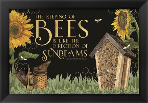 Framed Honey Bees &amp; Flowers Please landscape on black IV-Sunbeams Print