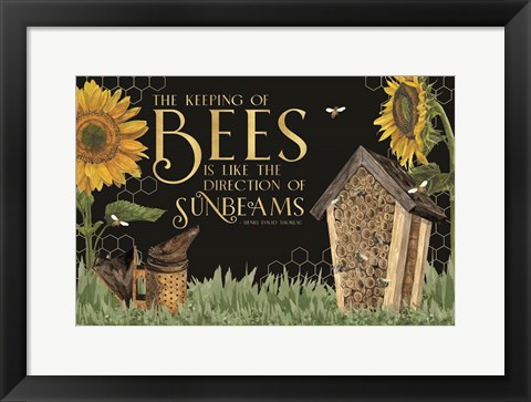 Framed Honey Bees &amp; Flowers Please landscape on black IV-Sunbeams Print