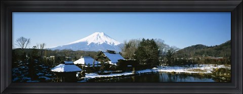 Framed Houses in front of a mountain, Mt Fuji, Honshu, Japan Print