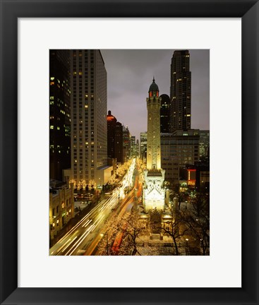 Framed Skyscrapers in a city lit up at night, Chicago, Illinois Print