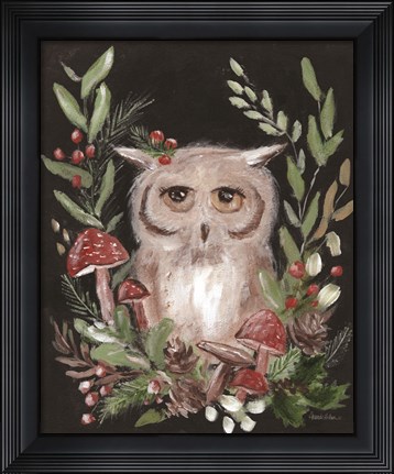 Framed Christmas Owl and Mushrooms Print