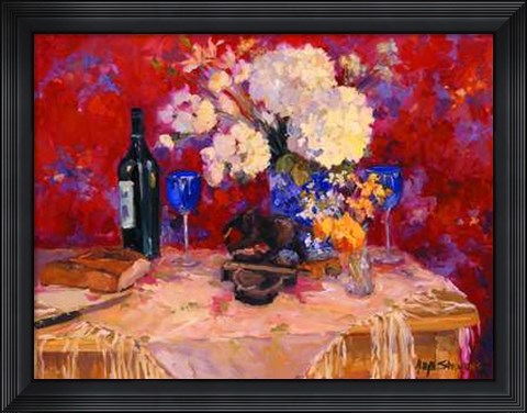 Framed White Roses W- Wine Print