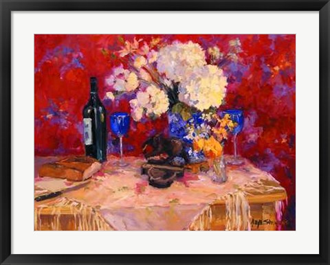 Framed White Roses W- Wine Print