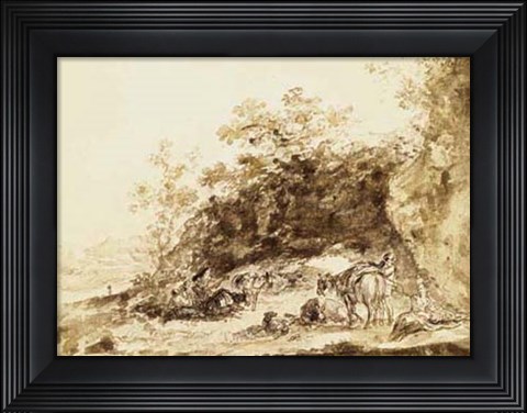 Framed Sepia Landscape with Horses Print
