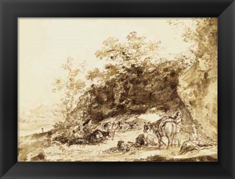 Framed Sepia Landscape with Horses Print