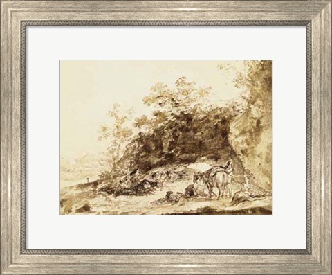 Framed Sepia Landscape with Horses Print