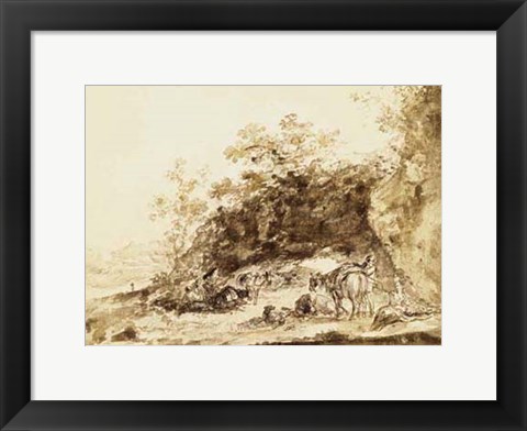 Framed Sepia Landscape with Horses Print