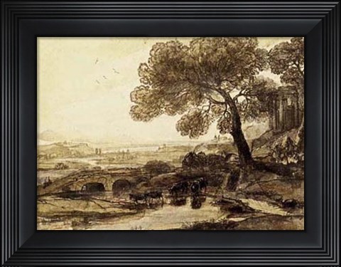 Framed Sepia Landscape with Bridge Print