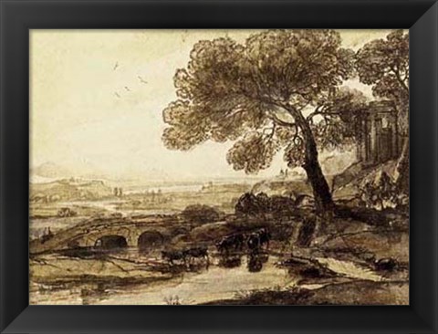 Framed Sepia Landscape with Bridge Print