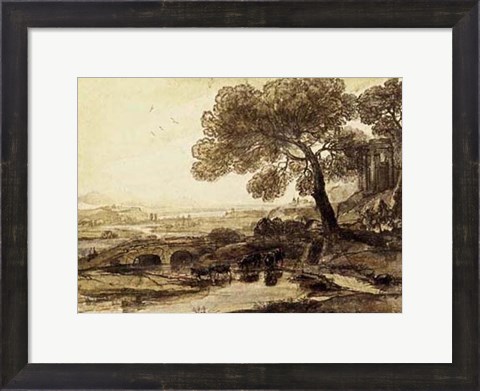 Framed Sepia Landscape with Bridge Print