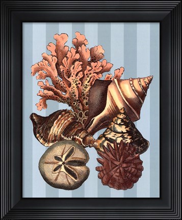 Framed Shell and Coral on Aqua I Print