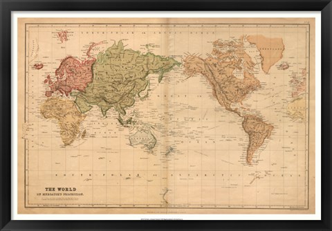 Framed Map of the World, c.1800&#39;s (mercator projection) Print