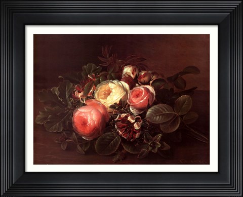 Framed Roses &amp; Honeysuckle on a Ledge Print