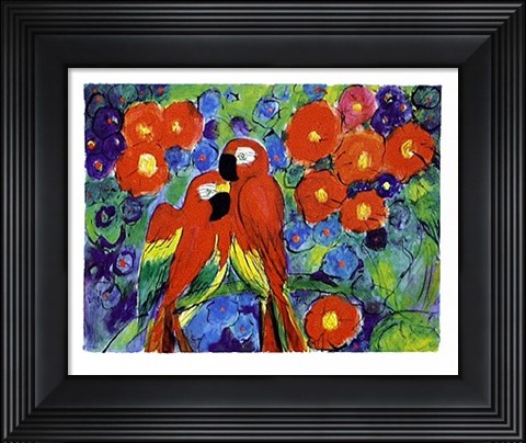 Framed Parrots with Flowers Print
