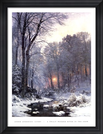 Framed Twilit Wooded River in the Snow Print