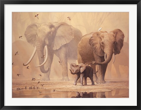 Framed African Elephants and Namaqua Doves Print