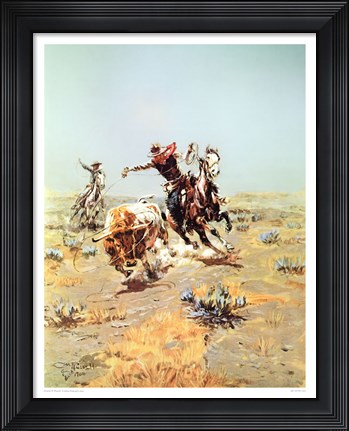 Framed Cowboy Roping A steer Print
