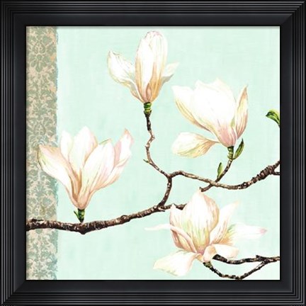 Framed Magnolias On Turquoise Print