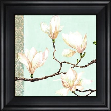 Framed Magnolias On Turquoise Print
